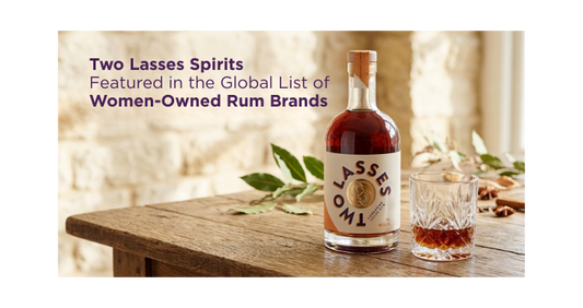 Two Lasses Spirits Yorkshire Spiced Rum bottle featured in global women-owned rum brands list.
